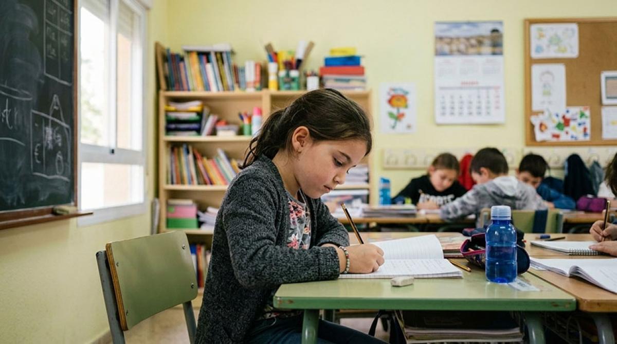 Neña trabayando na escuela.