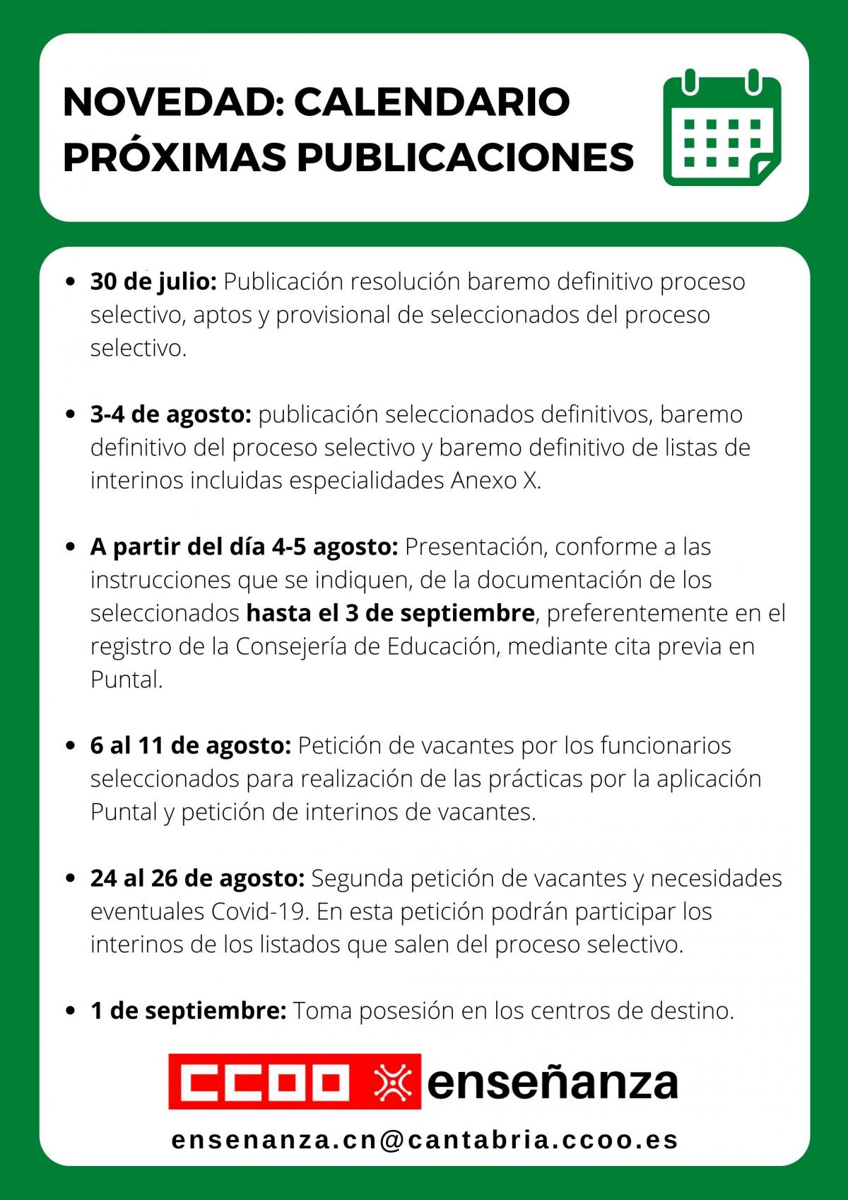 Calendario próximas publicaciones